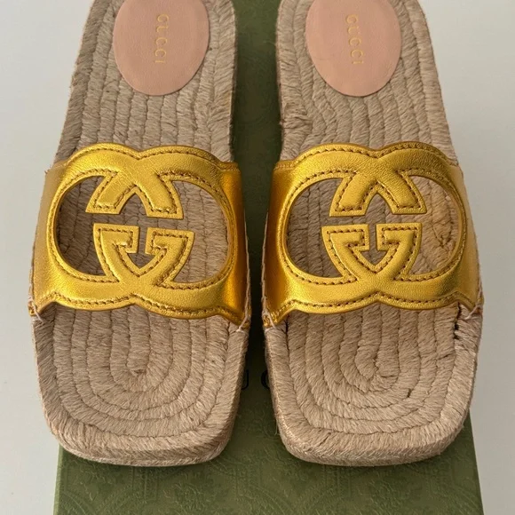 size 37G - Gucci Espadrille Gold GG cutout slide sandal